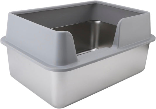 Edelstahl Katzenklo 50X35x25CM Stainless Steel Litter Box Katzentoilette Spritzwassergeschütztes Großes, Offenes Hochrand Abfallbecken MIT Schaufel (Grau)mit Katzenstreumatte