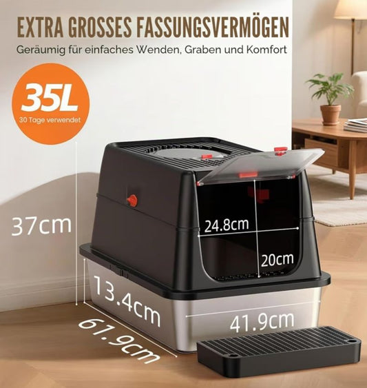 Edelstahl Katzenklo XXL aus V2A – 62 cm mit 160° Klappdeckel & hohem Rand