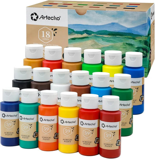 Artecho Acrylfarbe 18 wasserfeste Farben, je 59ml Flaschen mit Klappverschluss, für Papier, Ton, Holz, Steine – zum Reisen, Malen & Freude verschenken