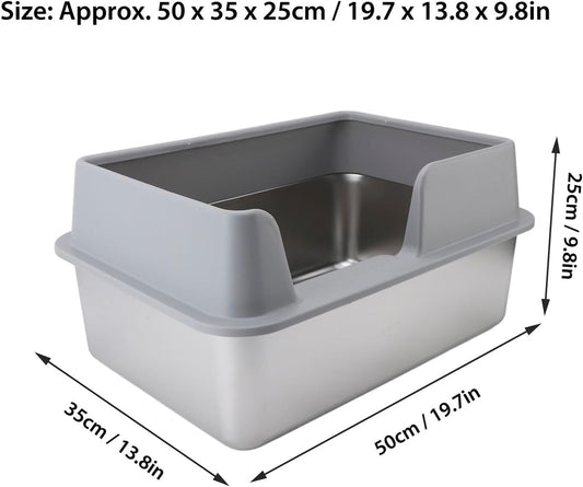 Edelstahl Katzenklo 50X35x25CM Stainless Steel Litter Box Katzentoilette Spritzwassergeschütztes Großes, Offenes Hochrand Abfallbecken MIT Schaufel (Grau)mit Katzenstreumatte
