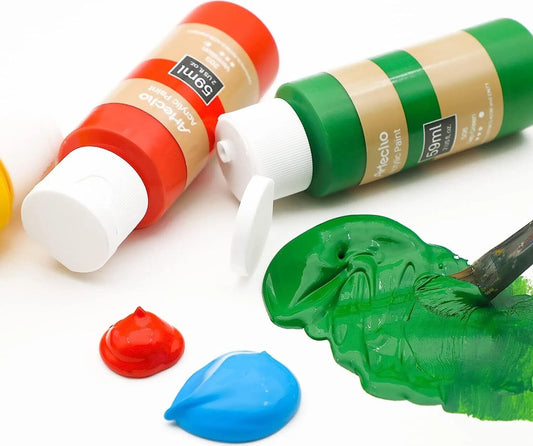 Artecho Acrylfarbe 18 wasserfeste Farben, je 59ml Flaschen mit Klappverschluss, für Papier, Ton, Holz, Steine – zum Reisen, Malen & Freude verschenken
