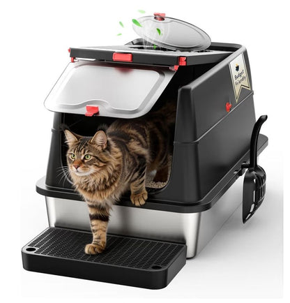 Edelstahl Katzenklo XXL aus V2A – 62 cm mit 160° Klappdeckel &amp; hohem Rand