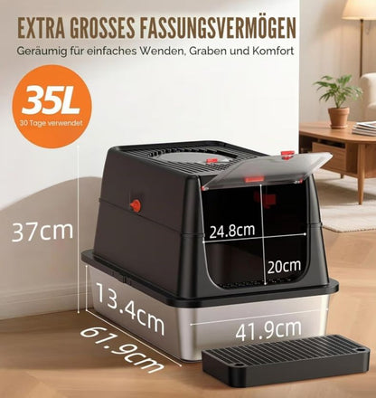 Edelstahl Katzenklo XXL aus V2A – 62 cm mit 160° Klappdeckel &amp; hohem Rand