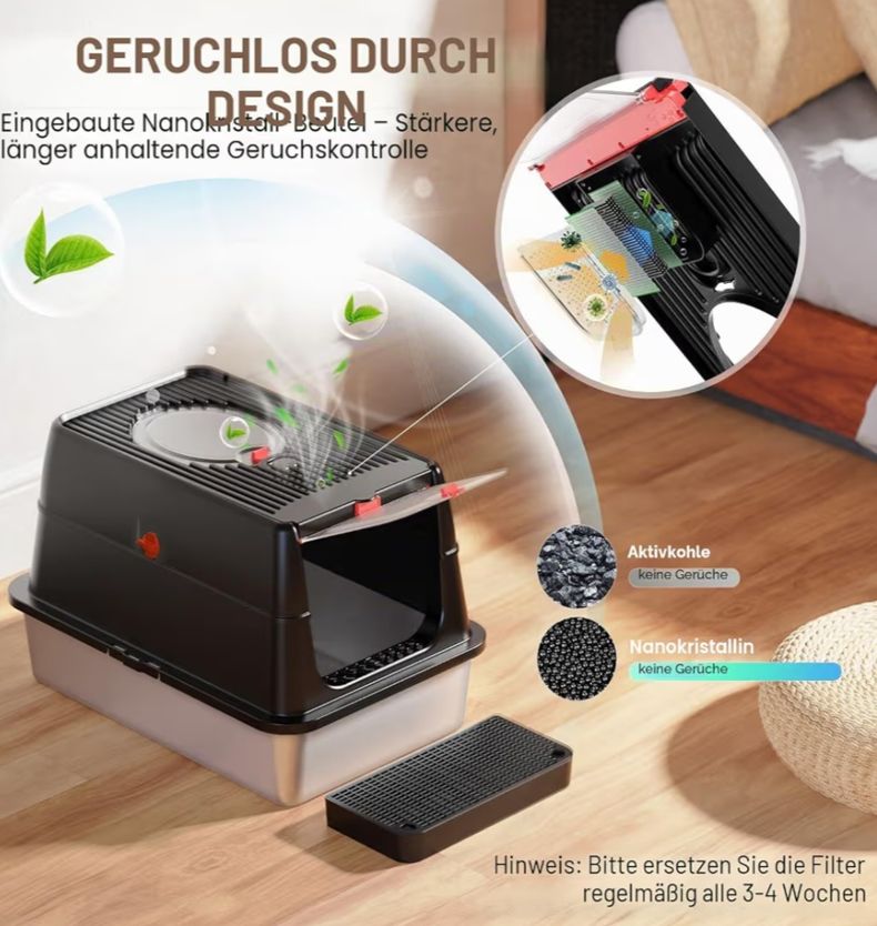 Edelstahl Katzenklo XXL aus V2A – 62 cm mit 160° Klappdeckel &amp; hohem Rand